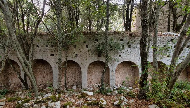 The ruined walls of the Benedictine Abbey on Monte Sacro
